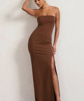 Club London Belle of The Ball Brown Bandeau Maxi Dress With Split Hem - 10 / Brown - Dresses