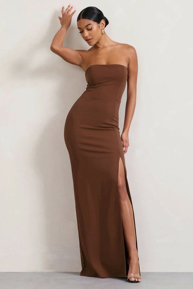 mens white dress shoes Club London Belle of The Ball Brown Bandeau Maxi Dress With Split Hem