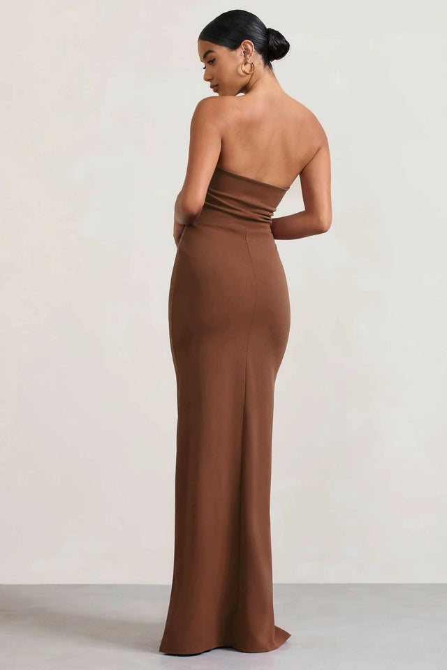 Club London Belle of The Ball Brown Bandeau Maxi Dress With Split Hem |  Passion For Fashion