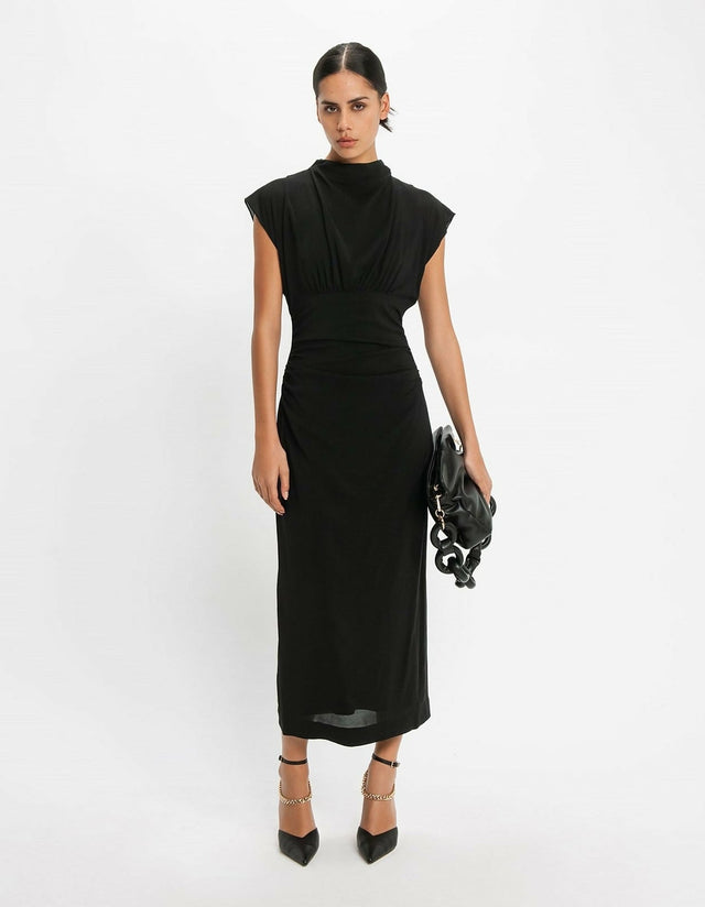 CUE Draped Neck Ruched Dress - 8 / Black - Dresses