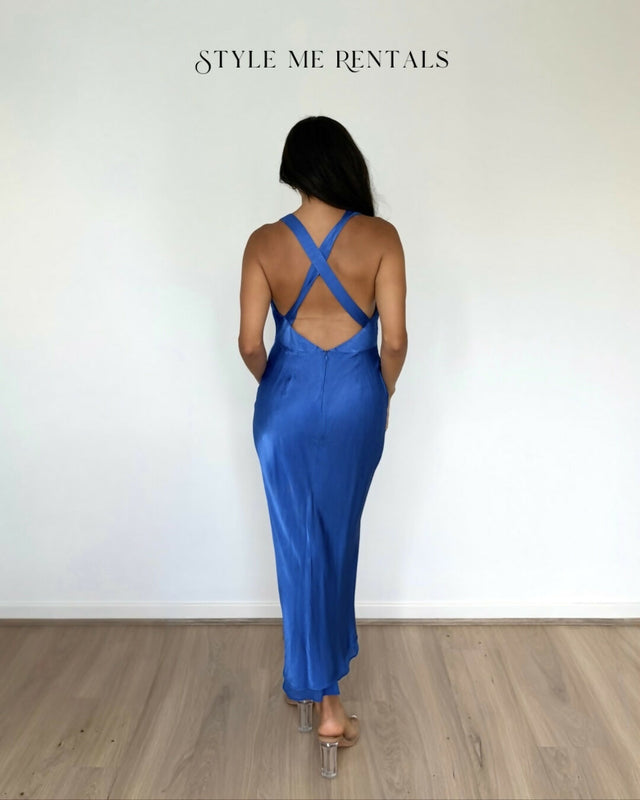 Shona Joy Oliviera Plunged Cross Back Midi Dress Strong Blue
