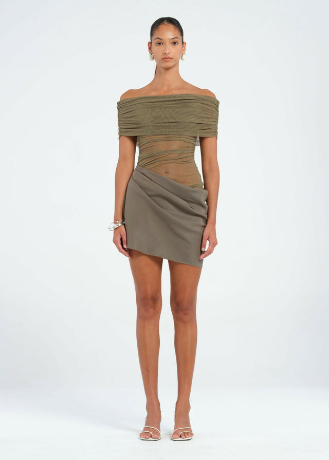 Benni Nico Off Shoulder Mini Dress Khaki