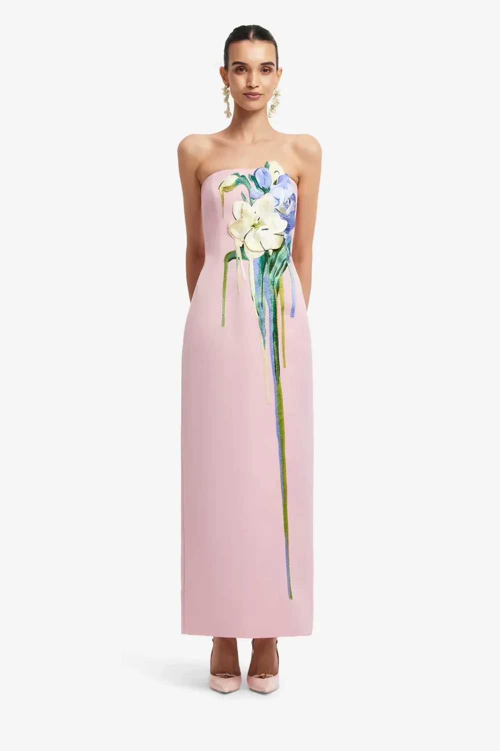 Leo Lin Rayna Embroidered Bustier Maxi Dress Bouquet Print in Pastel Pink – designer dress hire
