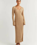 Dissh Reign Sleeved Knit Midi Dress Beige - 14 / Brown - Dresses