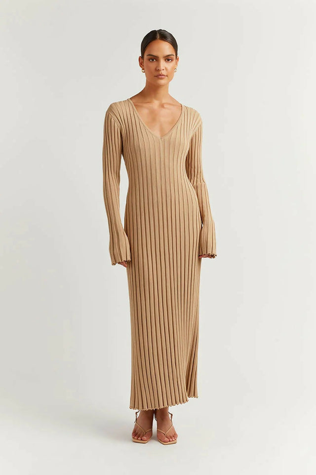 Dissh Reign Sleeved Knit Midi Dress Beige - 14 / Brown - Dresses