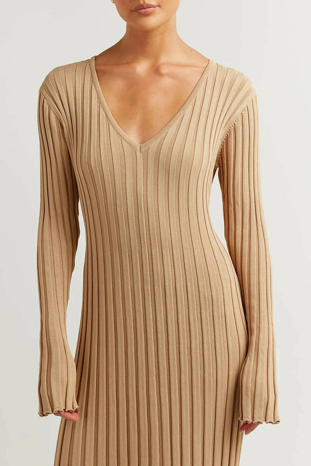 Dissh Reign Sleeved Knit Midi Dress Beige - 14 / Brown - Dresses