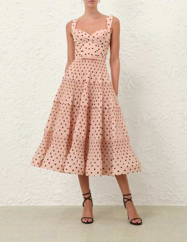 Zimmermann Pleated Draped Midi Dress in Pink Dot