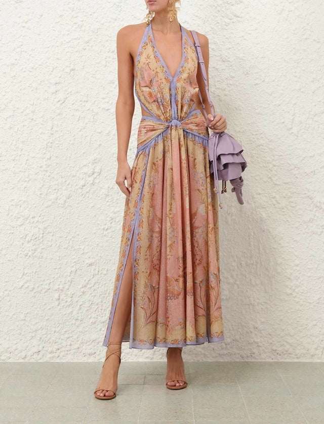 Zimmermann Indra Plunge Halter Maxi Dress in Pink Scarf