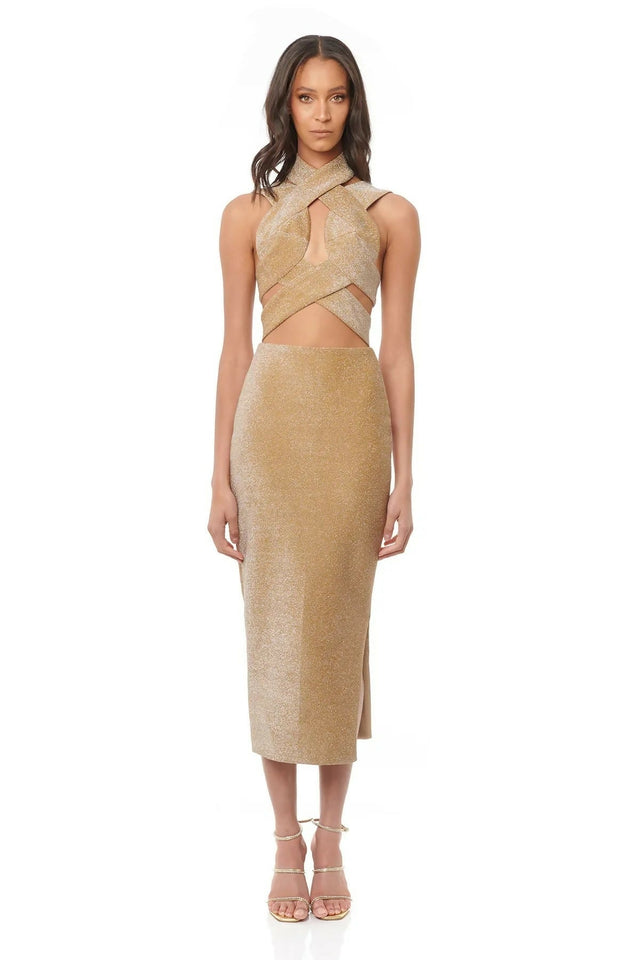 Eliya the Label Tamara Midi Dress Gold Size XS / AU 6 - 6 / Gold - Dresses