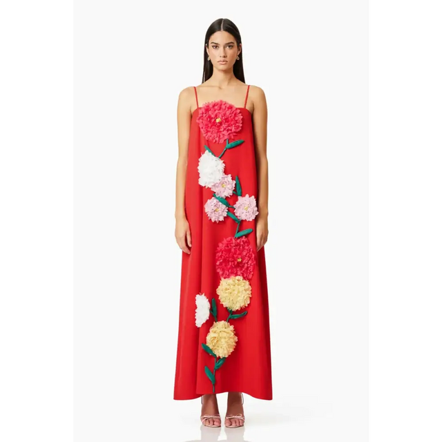 Elliatt Buttercup Embroidered Maxi Dress In Red - 12 / Floral - Dresses