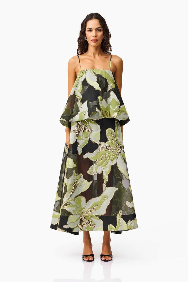 Elliatt Elysia Tiered Gown in Black & Green Floral - Dresses