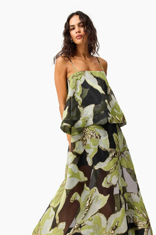 Elliatt Elysia Tiered Gown in Black & Green Floral - Dresses