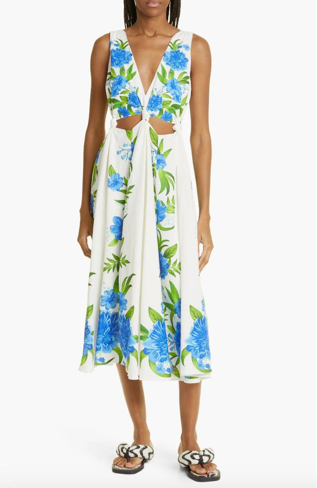 white christmas dresses Farm Rio Cutout Floral-print Linen-blend Midi Dress
