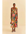 Farm Rio Yellow Painted Flowers Tiered Midi Dress Print Size Small / AU 8 - 10 / Multi - Dresses