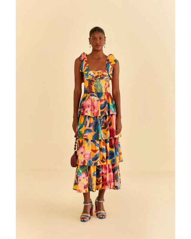 Farm Rio Yellow Painted Flowers Tiered Midi Dress Print Size Small / A