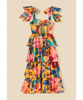 Farm Rio Yellow Painted Flowers Tiered Midi Dress Print Size Small / AU 8 - 10 / Multi - Dresses