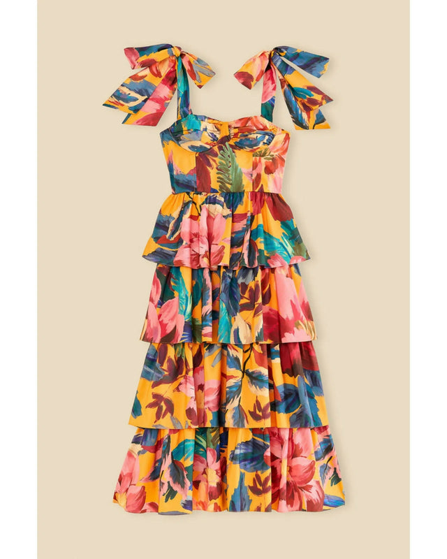 Farm Rio Yellow Painted Flowers Tiered Midi Dress Print Size Small / A