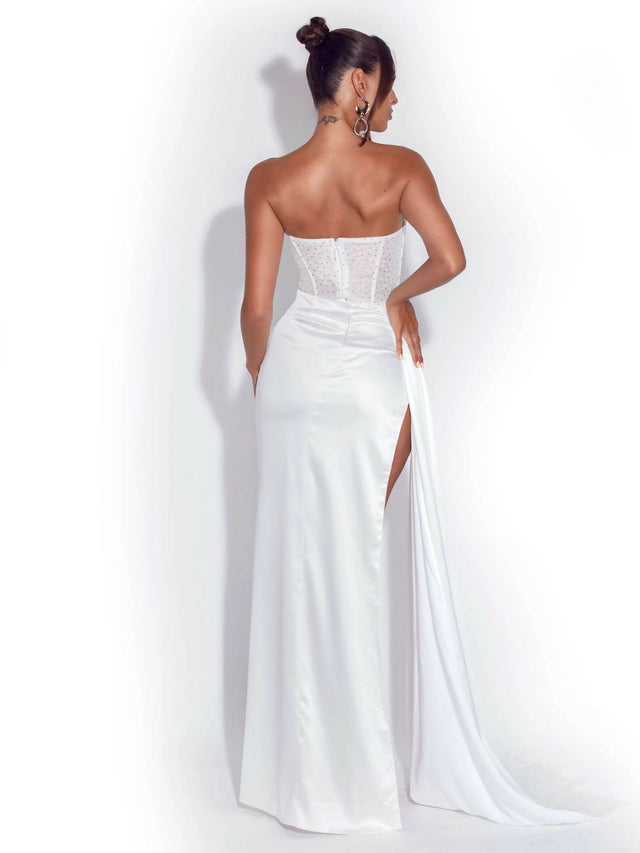 FOR SALE Miss Circle Holly White Crystallized Corset High Slit Satin Gown - 8 / White - Dresses
