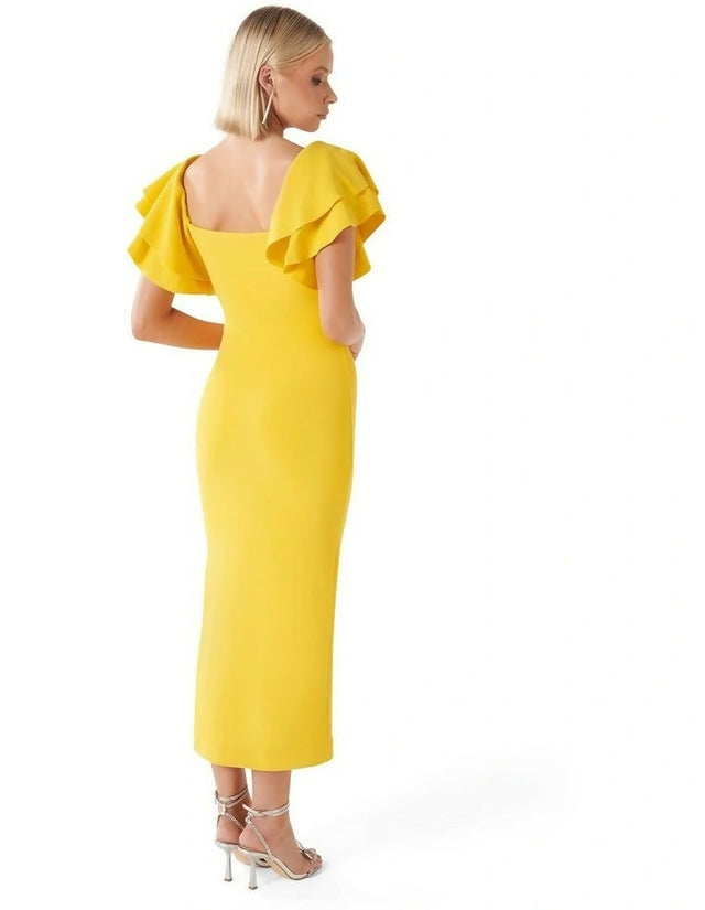 Forever New Kiki Ruffle-Sleeve Bodycon Dress - 8 / Yellow - Dresses