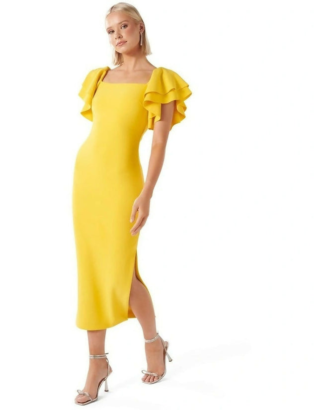 Forever New Kiki Ruffle-Sleeve Bodycon Dress - 8 / Yellow - Dresses