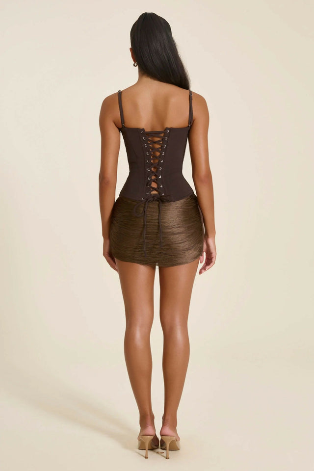 Mars The Label The Everly Lace Up Corset Top in Brown & The Jordyn Tassel Mini Skirt in Brown