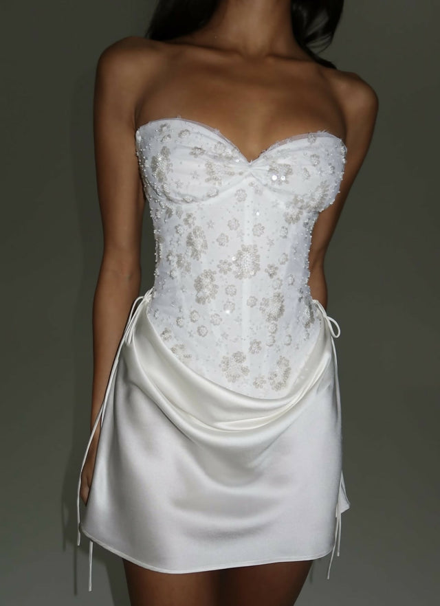 Natalie Rolt Verity Bustier in White Embellished and Evelyn Mini in White