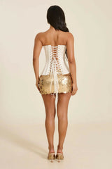 Mars The Label Shimmi Sequin Micro Mini Skirt in Gold & Sasha Satin Corset Top in Stone view 3
