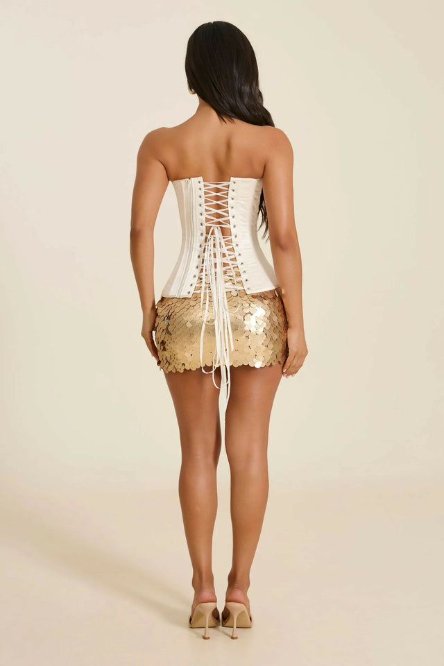 Mars The Label Shimmi Sequin Micro Mini Skirt in Gold & Sasha Satin Corset Top in Stone