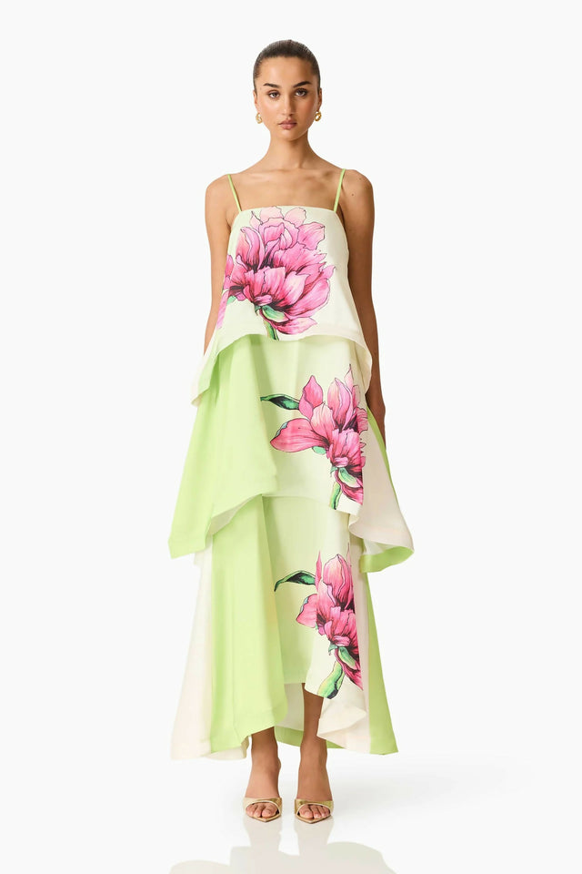 Elliatt Elisia Tiered Gown in Green & Pink Floral