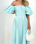 Gingham & Heels Lessey Off Shoulder Maxi Dress in Aqua - Dresses