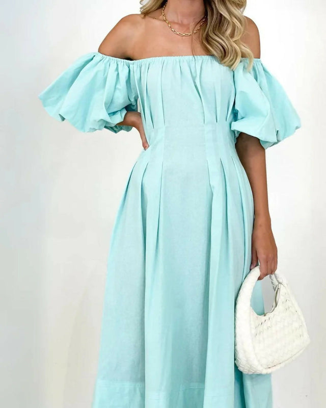 Gingham & Heels Lessey Off Shoulder Maxi Dress in Aqua - Dresses