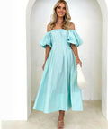 Gingham & Heels Lessey Off Shoulder Maxi Dress in Aqua - Dresses
