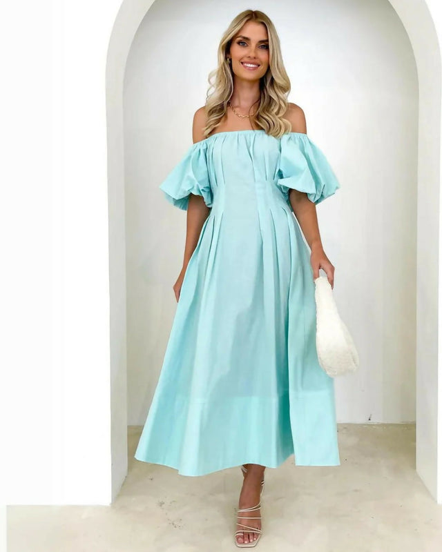 Gingham & Heels Lessey Off Shoulder Maxi Dress in Aqua