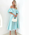 Gingham & Heels Lessey Off Shoulder Maxi Dress in Aqua - Dresses