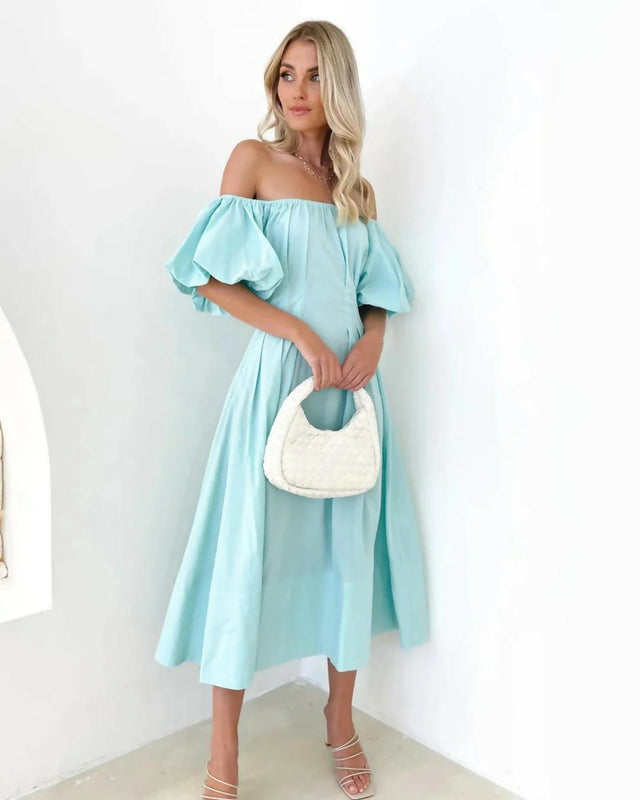 Gingham & Heels Lessey Off Shoulder Maxi Dress in Aqua - Dresses