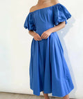 Gingham & Heels Lessey Off Shoulder Maxi Dress in Cobalt - 8 / Blue - Dresses