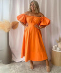 Gingham & Heels Lessey Off Shoulder Maxi Dress in Orange - Dresses