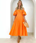 Gingham & Heels Lessey Off Shoulder Maxi Dress in Orange - Dresses