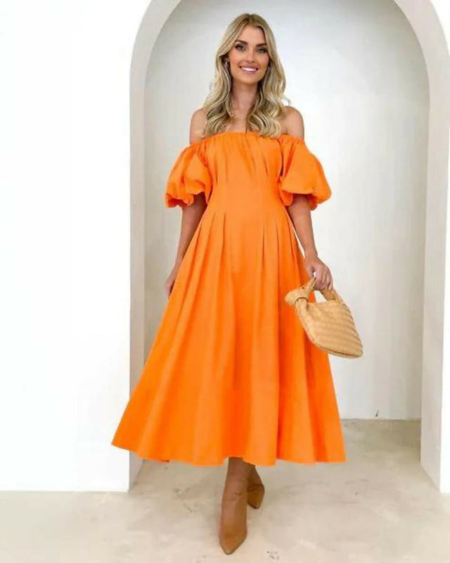 Gingham & Heels Lessey Off Shoulder Maxi Dress in Orange - Dresses