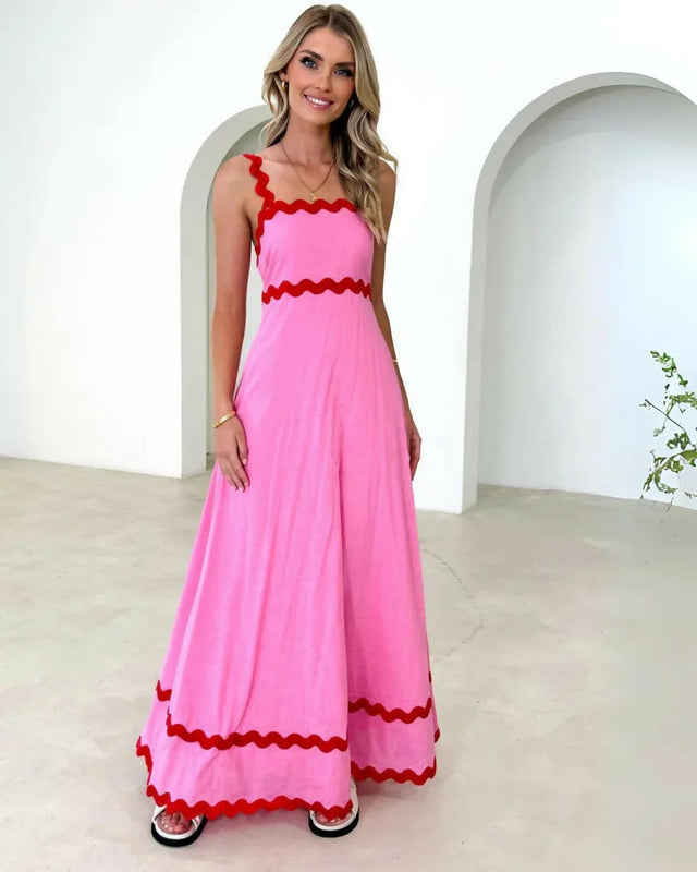 Gingham & Heels Vaina Linen Maxi Dress in Pink Wavy - Dresses