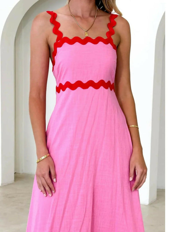 Gingham & Heels Vaina Linen Maxi Dress in Pink Wavy - Dresses