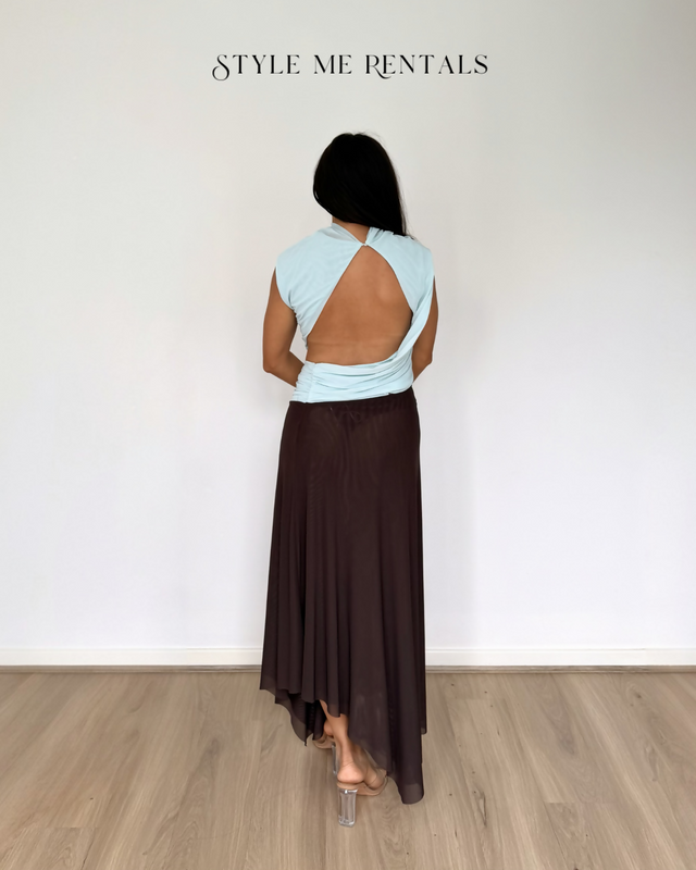 Bec and Bridge Conni Asym Midi Dress Artic Blue and Dark Choc