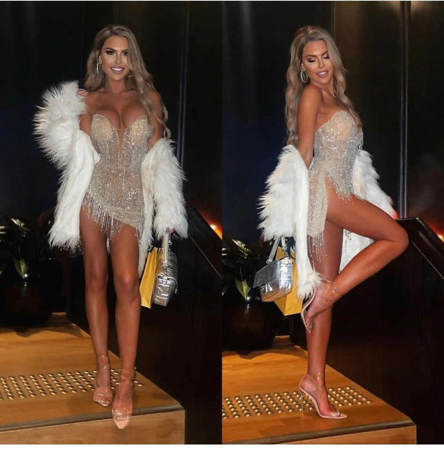 Hana Bustier Nude Beaded Mini Dress With Crystal Tassels - 8 / Nude - Dresses