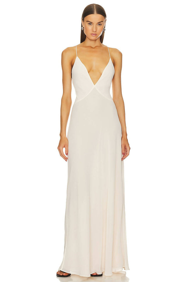 Helsa V Neck Maxi Dress in Ivory - 8 / White - Dresses