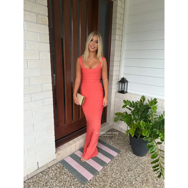 Herve Leger Round Neck Gown - 6 / Coral - Dresses