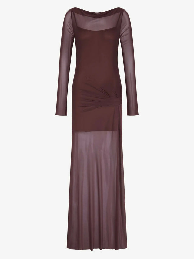 Bec & Bridge Marabou Long Sleeve Maxi Dress in Aubergine