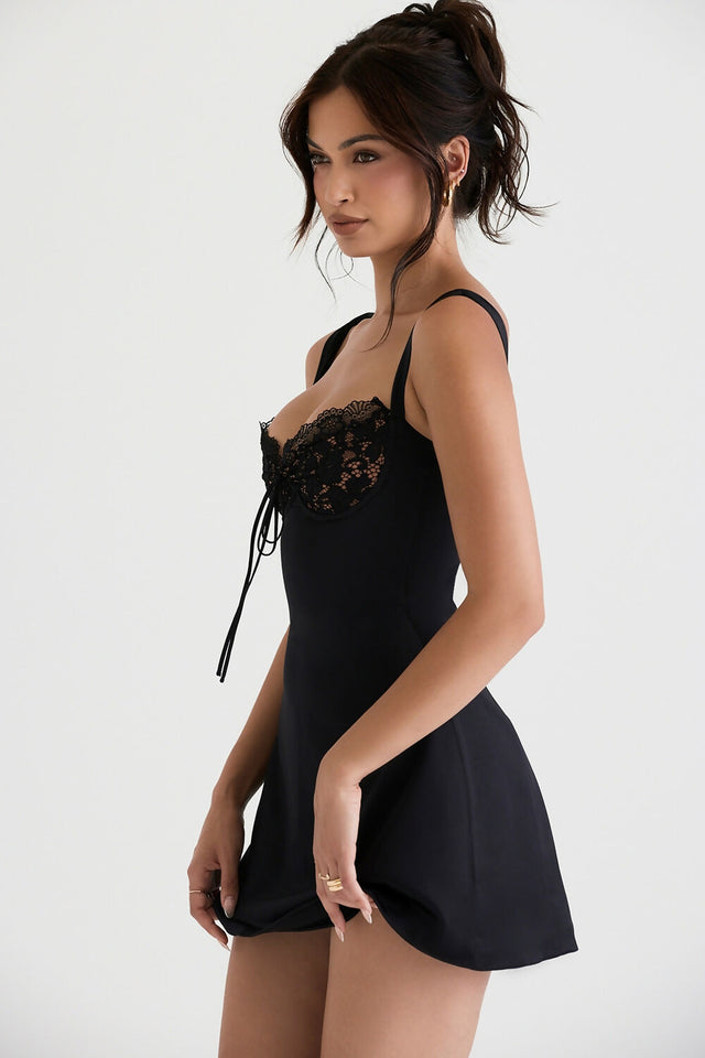 House of CB Adriana Black Satin And Lace Mini Dress