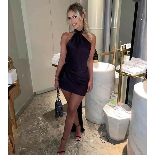 House of CB ‘Aida’ Night Shade Asymmetric Wrap Neck Dress - XS / Black - Dresses