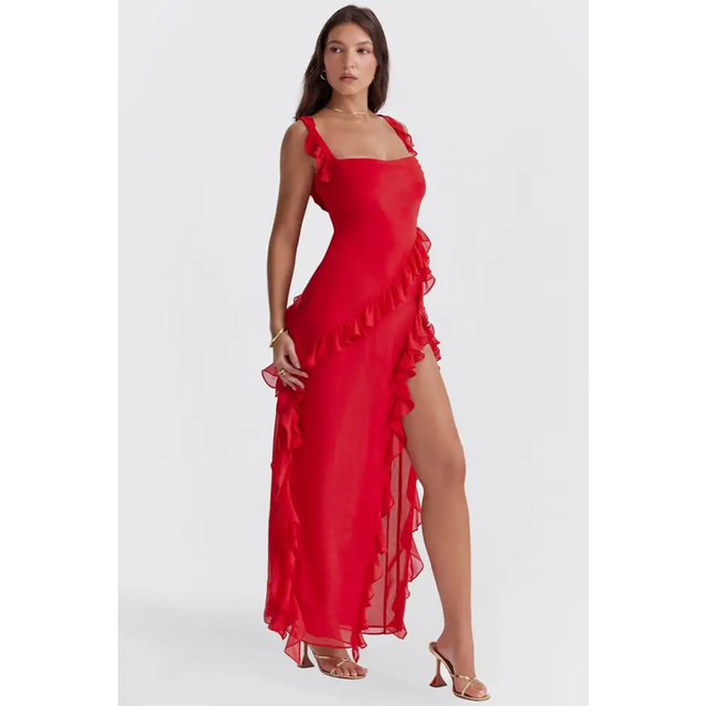 House of CB Ariela Cherry Ruffle Maxi Dress - 6 / Red - Dresses