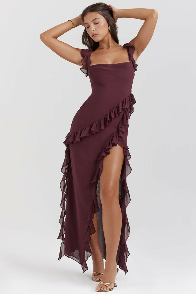 House of CB Ariela Mulberry Ruffle Maxi Dress - 8 / Mulberry - Dresses
